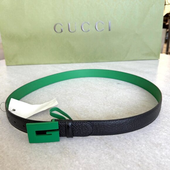 Gucci 709974 Unisex Black Leather Belt with Ceramic Green G Buckle, 100 or 105 - Picture 3 of 15